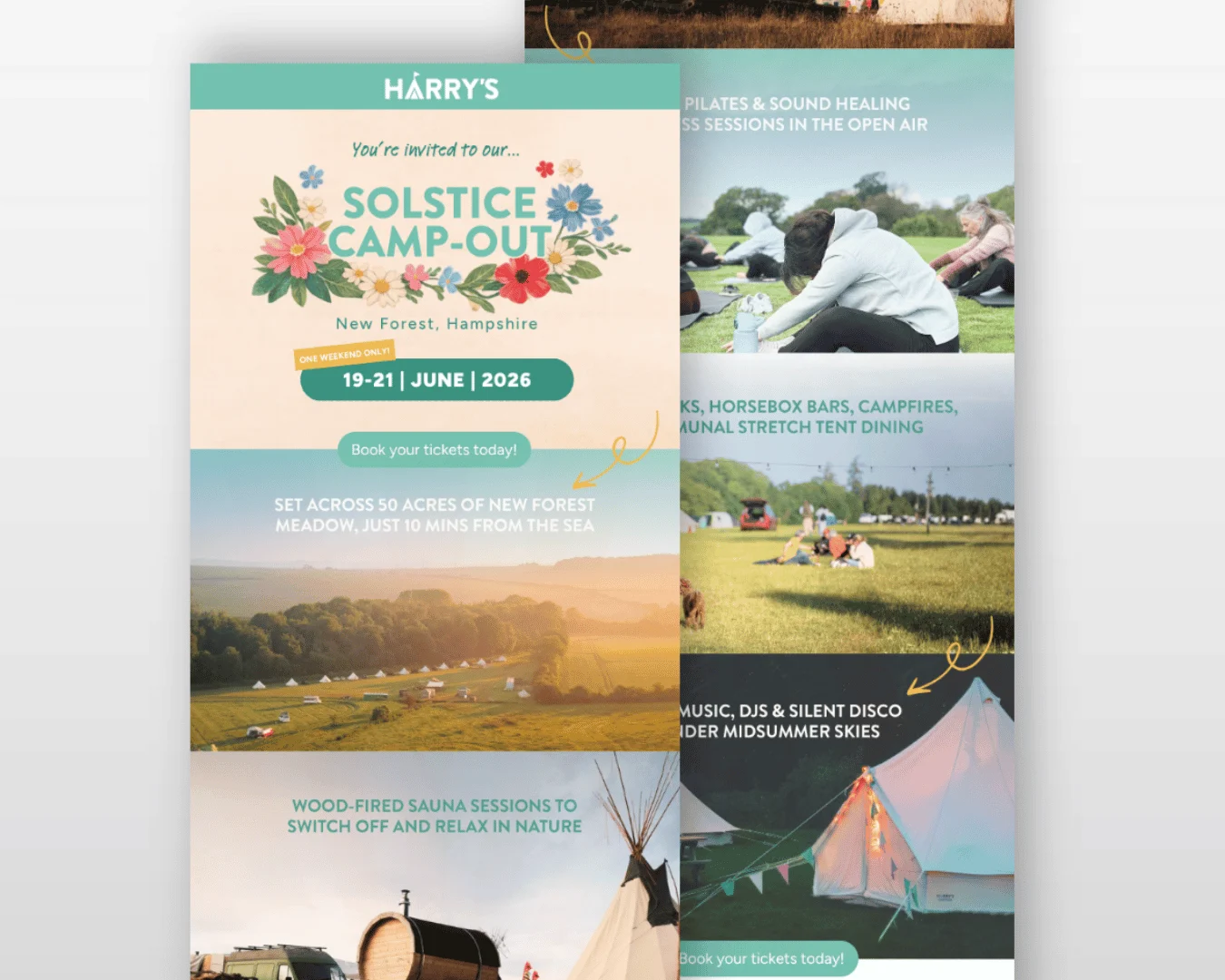 Harry's Campsite Solstice Campout event email design