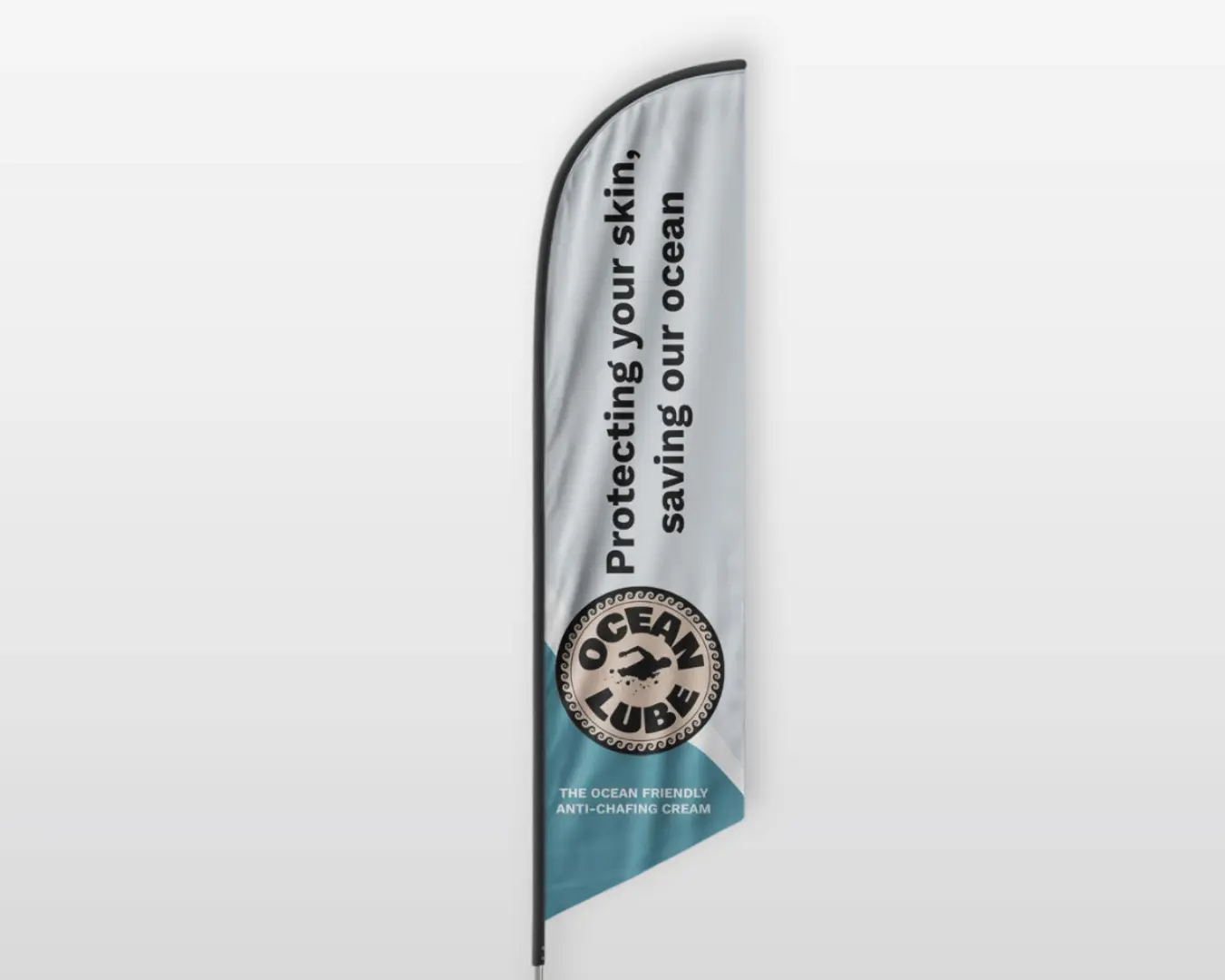 Ocean Lube feather flag design on a plain background