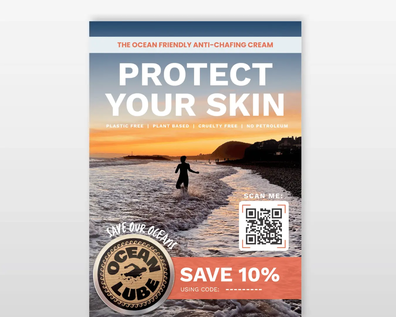 Ocean Lube beach-themed poster with 10% discount code