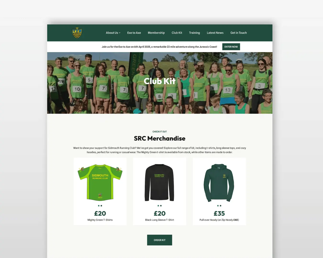 Sidmouth Running Club kit and merchandise page website design