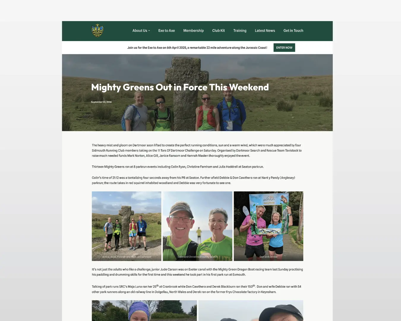 Sidmouth Running Club news article website design